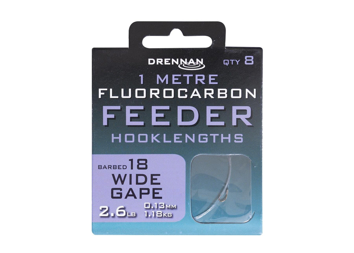 Drennan Fluoro Feeder Wide Gape Hooklength - 1m Barbed - 8k.