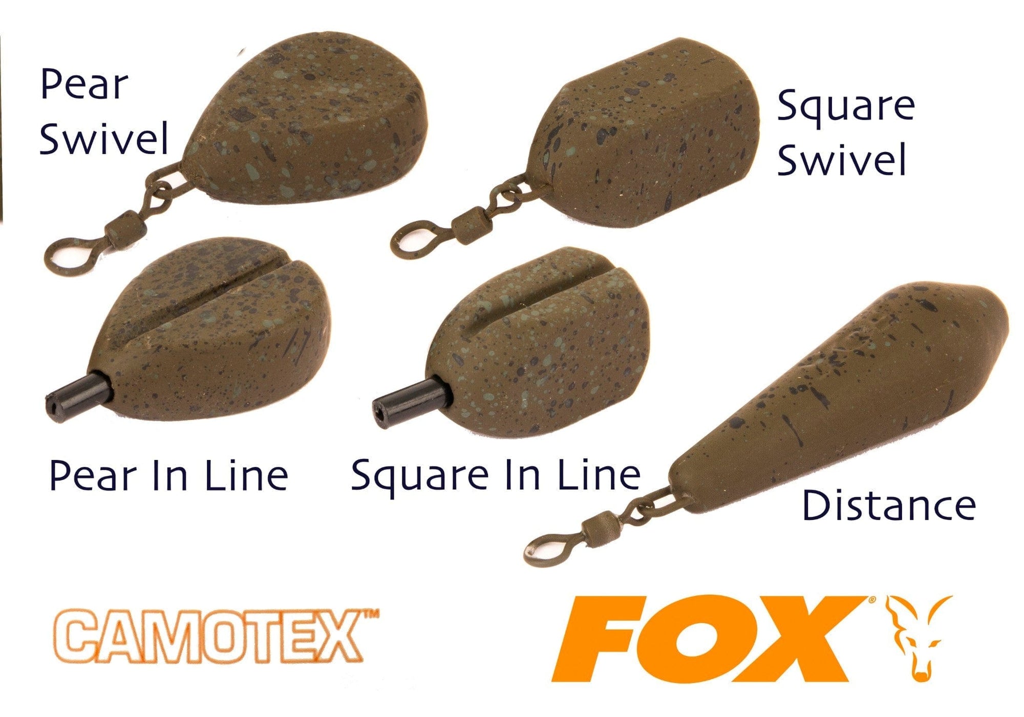 Fox CAMOTEX Carp Fishing Coated Leads In Line & Swivels.