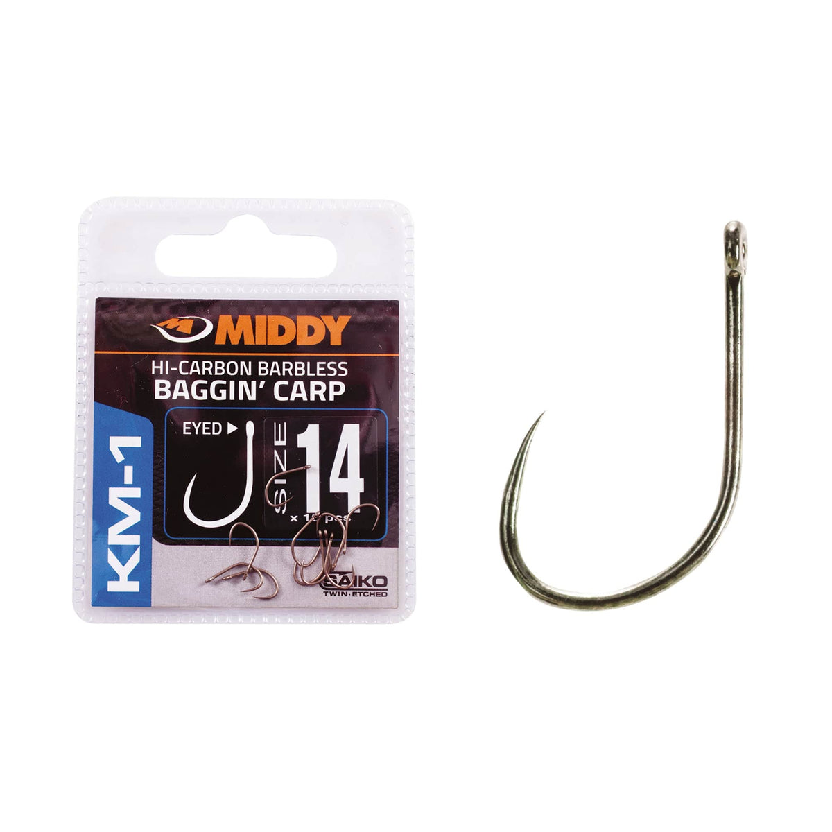 MIDDY KM-1 Baggin&#39; Carp Eyed Hooks 8s - 20s sizes (10pc pkt).