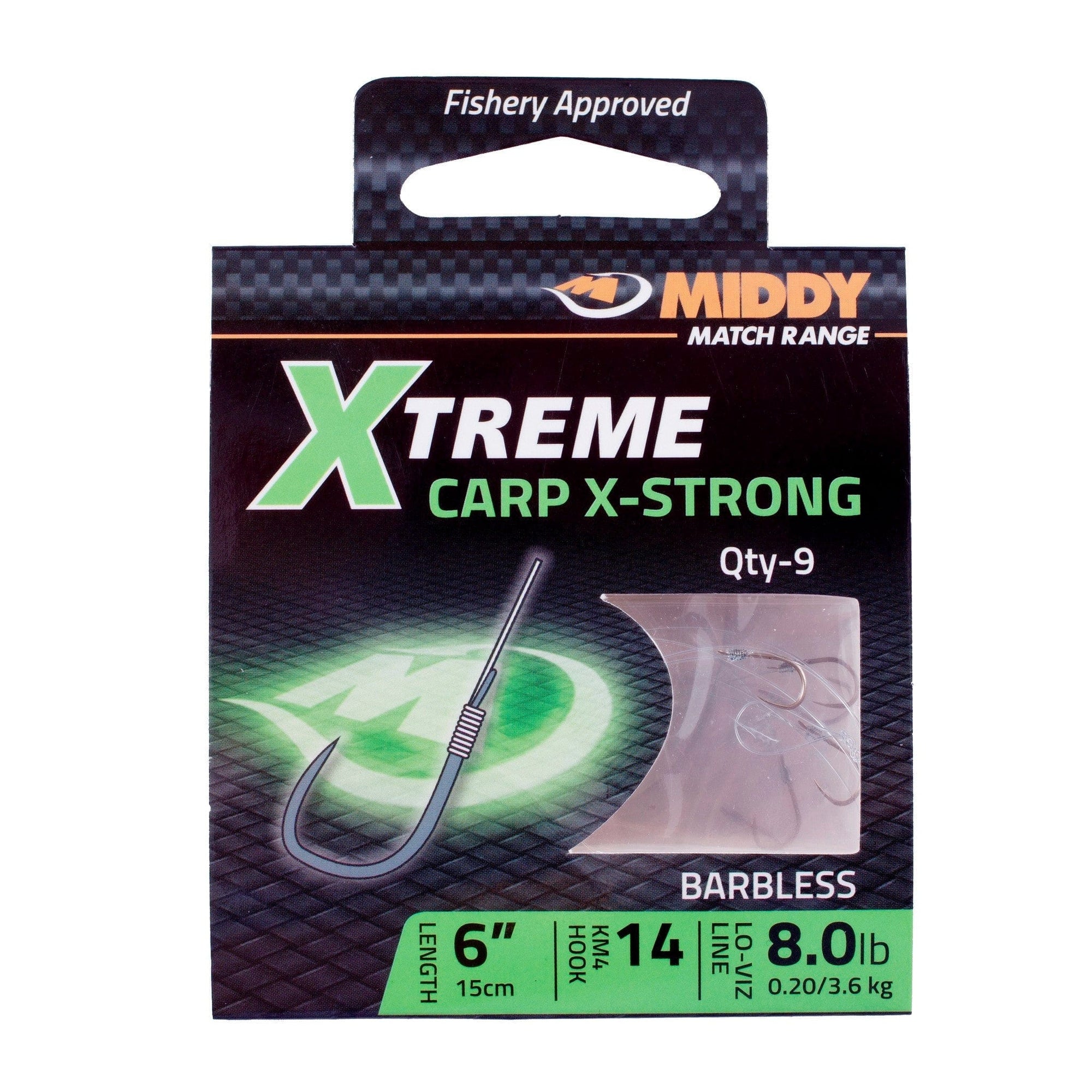 MIDDY Xtreme Carp X-Strong Hooks-to-Nylon (9pc pkt).