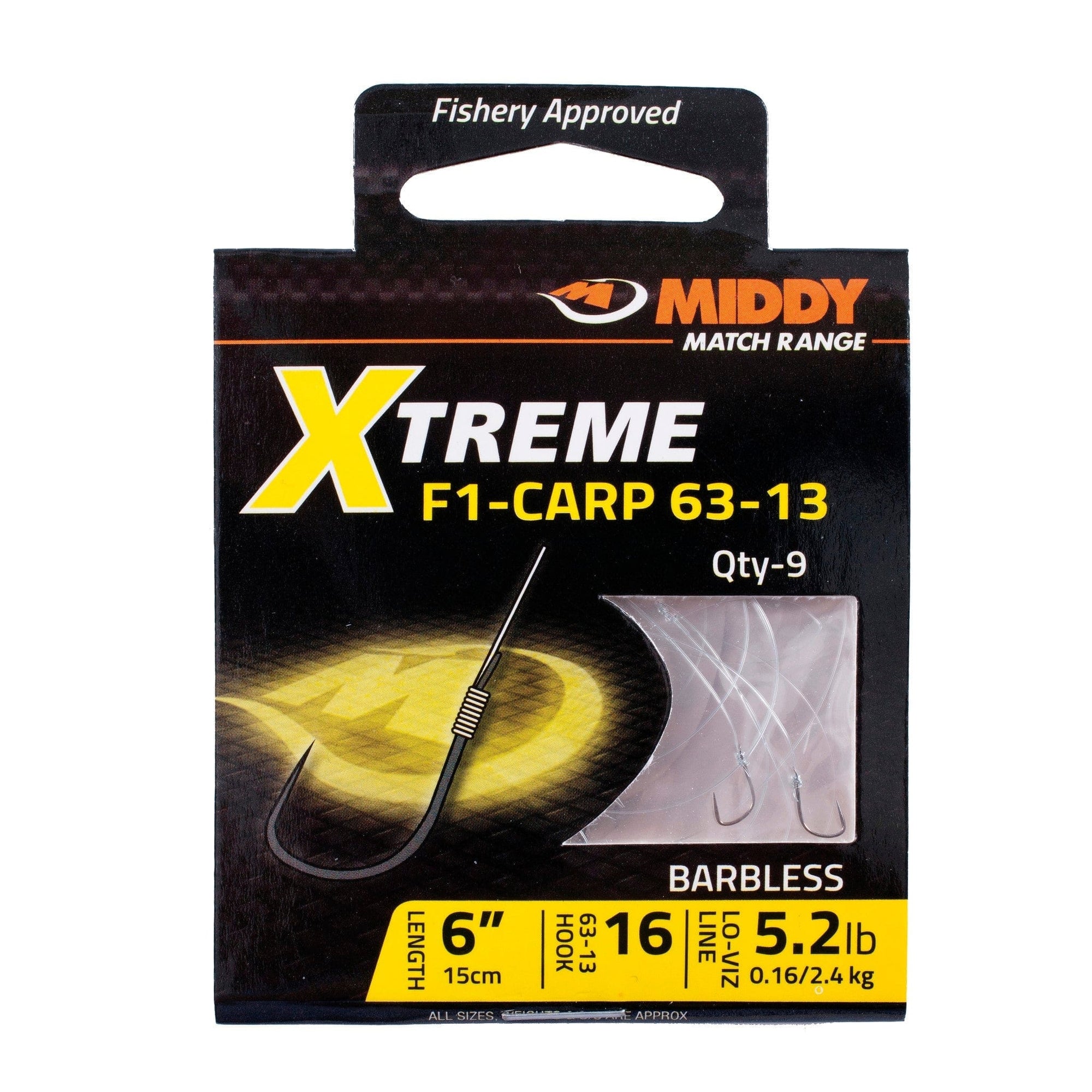 MIDDY Xtreme F1 Carp 63-13 Barbless Hooks-to-Nylon (9pc pkt).