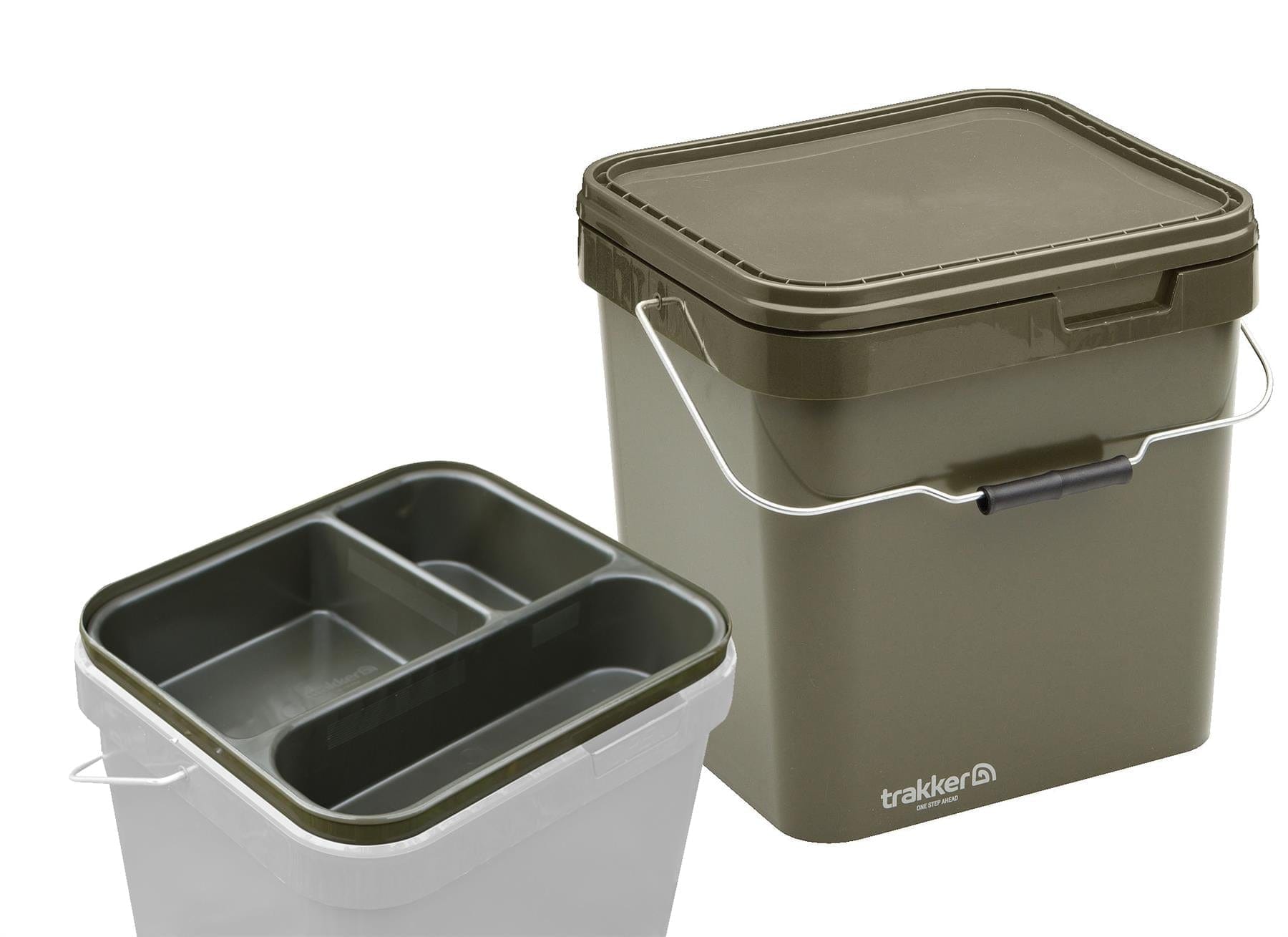 Trakker 17Ltr Olive Square Bucket Container with Cuvette Tray.